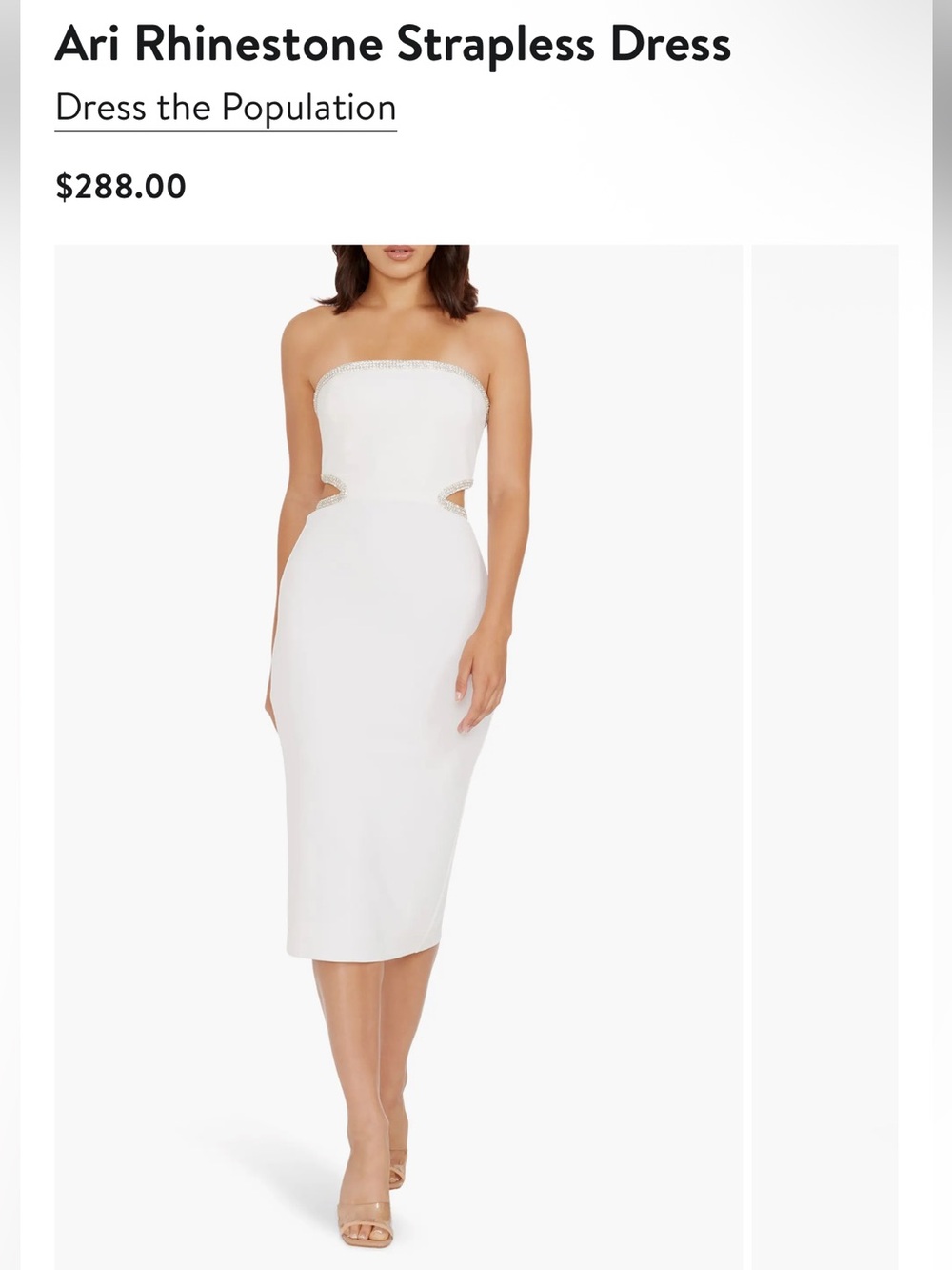 Dress the Population White Strapless Rhinestone Cutout Midi Dress